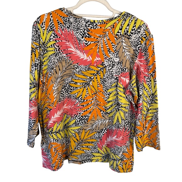 Ruby Rd. Multicolor Tropical Leaf Print V-Neck Blouse Size L Stretch Cotton - Picture 2 of 10